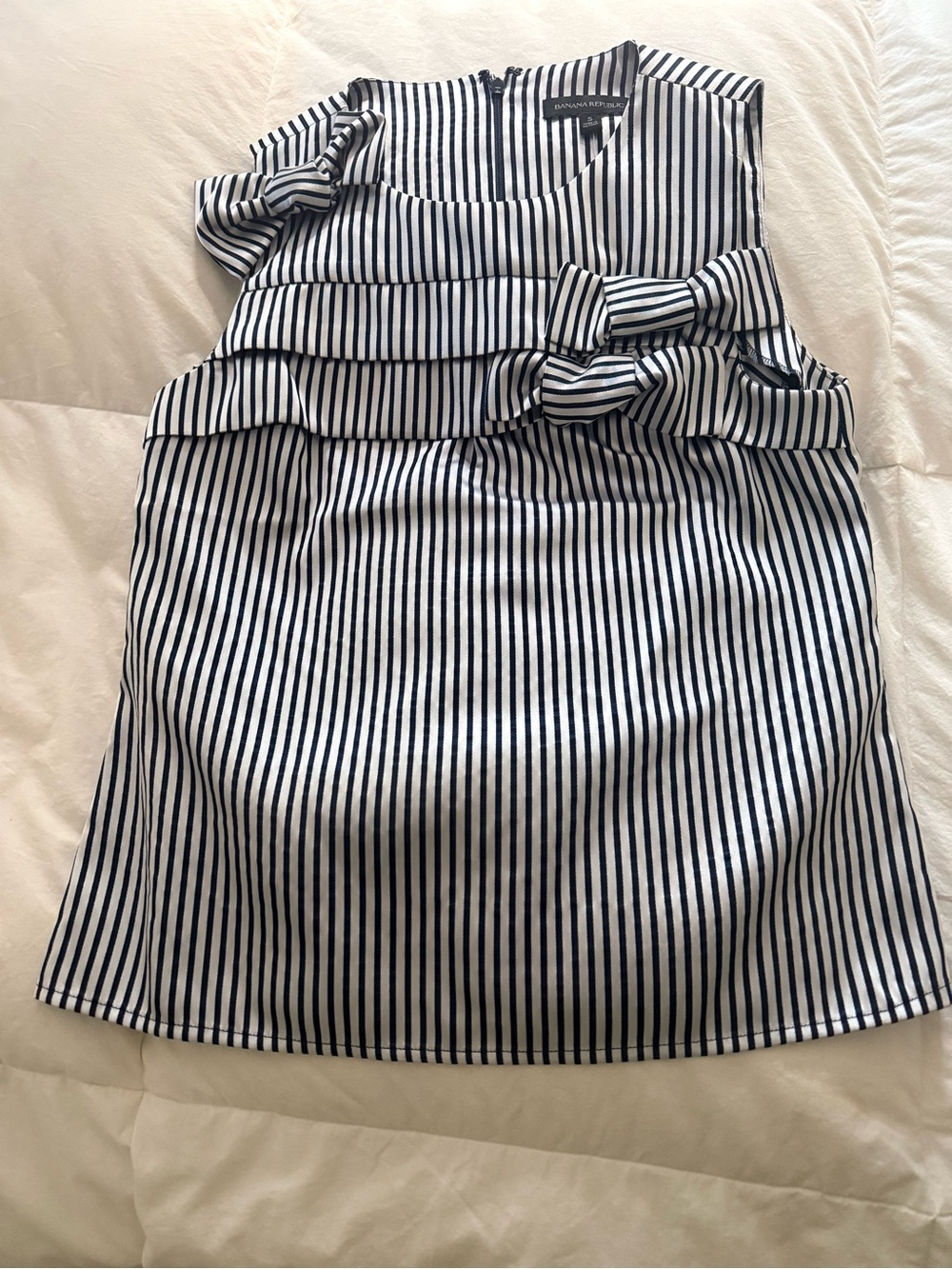 Banana Republic Navy and White Striped sleeveless top with Ruffle Details